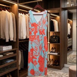 Tropical Floral Midi Dress Blue Orange Ruched Slit Summer Vacation Luau Boho M